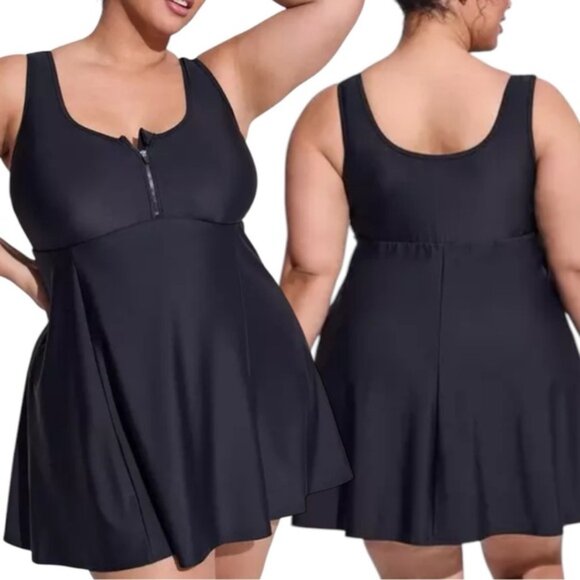 Torrid Zip Front Swim Dress Black Size 1 w/ Shorts UPF 50+ - Picture 1 of 12
